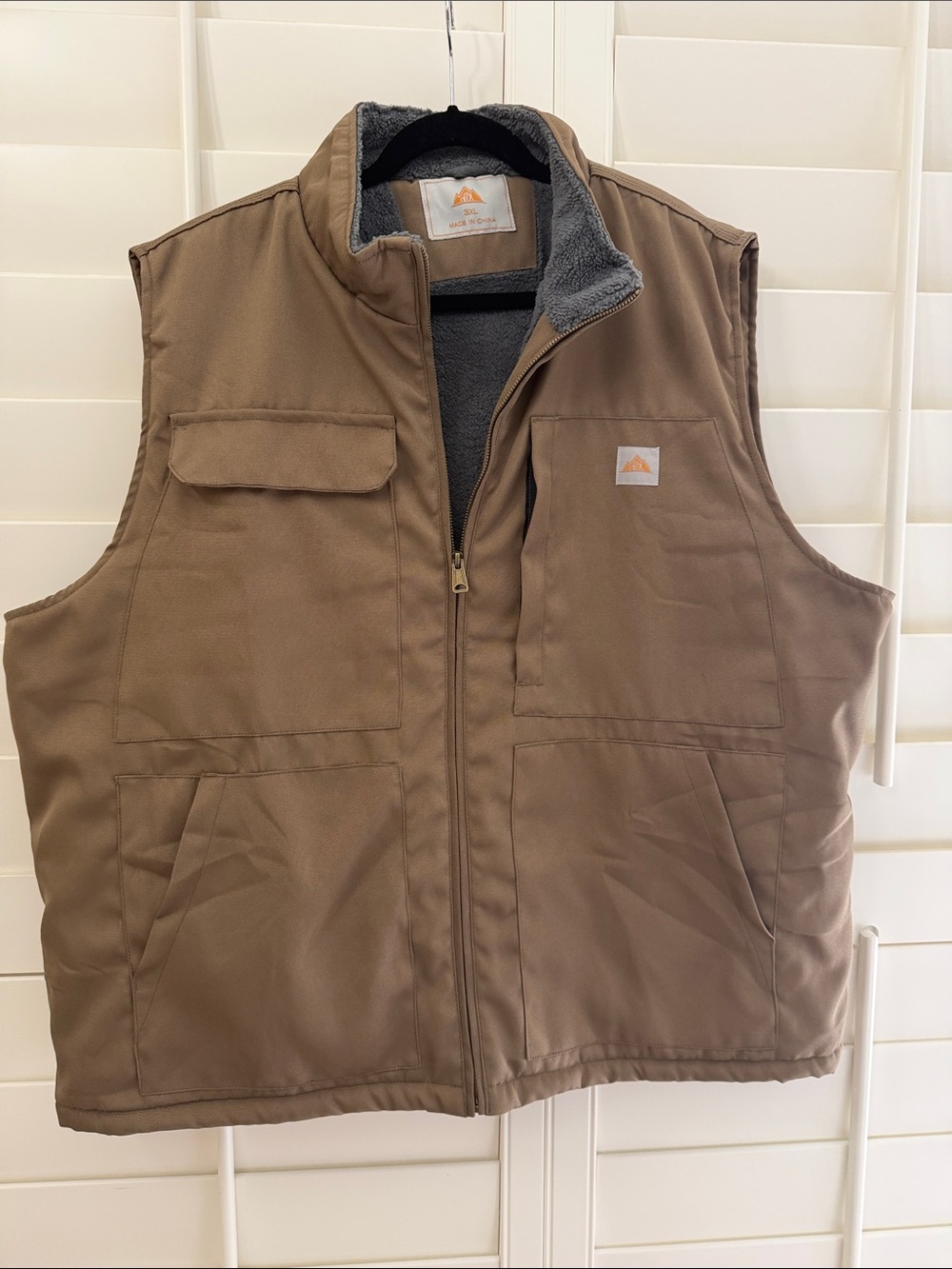 Men's Tan Work Vest with Gray Fleece Lining